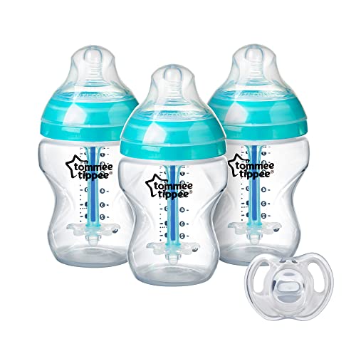 Tommee Tippee Advanced Anti-Colic Bottle Starter Set | 3X 9oz Bottles, Breast-Like Nipples, Unique Anti-Colic Vent | 0-6m Ultra-Light Silicone Pacifier