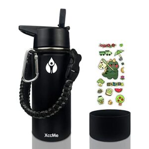 xccme kids stainless steel water bottle,16oz kids water bottle for school,insulated kids thermos with straw lid,silicone boot,16 personalize dinosaur stickers and paracord handle(black)