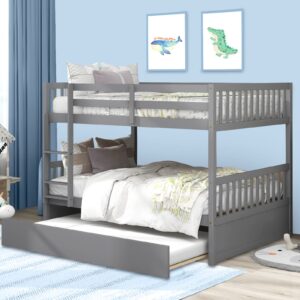 unovivy full over full bunk bed with trundle, bunk beds convertible to 2 platform full size bed frame with guardrails and ladder, suitable for kids, teens, adults, no box spring needed, grey