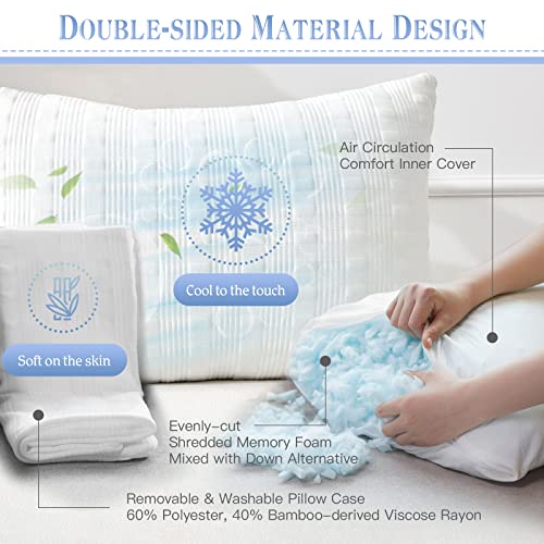 Meoflaw Cooling Pillows for Sleeping Standard Size Set of 2,Shredded Memory Foam Bed Pillow with Double Sided Material Pillowcase,Adjustable Loft Standard Pillow for Side & Back Sleeper-Medium Firm