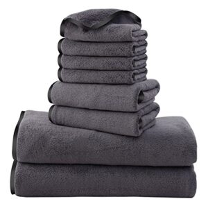 cosy family microfiber 8-piece towel set, 2 bath towels, 2 hand towels, and 4 wash cloths, ultra soft highly absorbent towels for bathroom, gym, hotel, beach and spa (dark grey)