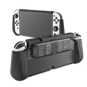 kiwihome dockable case compatible with nintendo switch oled model 2021, [flip design 4 game card slots], ergonomic comfort tpu grip protective case for switch oled console and joy-cons, black