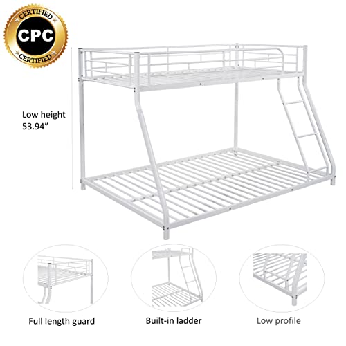 UBGO Twin Over Full Metal, Lower Extended Design with Ladder and Safety Railing Bunk Bed for Apartment Dormitory Bedroom Furniture Set-White