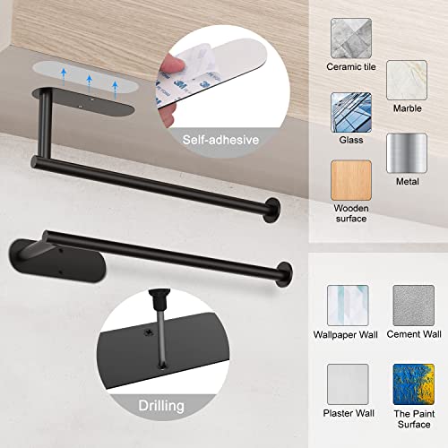 sungwoo Thickened Steel Paper Towel Holders Under Cabinet for Kitchen, Bathroom, SUS304 Stainless Steel Pipe Hanging Paper Towel Rack Wall Mount, Self-Adhesive and Screws, Black