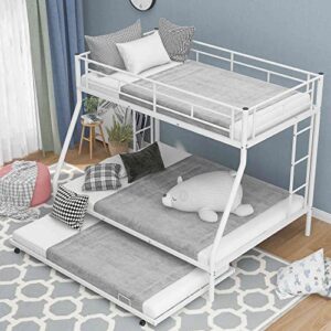 cotoala twin over full metal bunk bed with sturdy steel frame, bunkbed with twin size trundle, two-side ladders, no spring box required, white