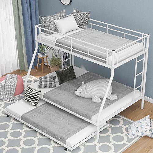 Cotoala Twin Over Full Metal Bunk Bed with Sturdy Steel Frame, Bunkbed with Twin Size Trundle, Two-Side Ladders, No Spring Box Required, White