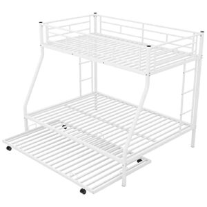 Cotoala Twin Over Full Metal Bunk Bed with Sturdy Steel Frame, Bunkbed with Twin Size Trundle, Two-Side Ladders, No Spring Box Required, White