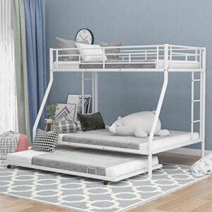 Cotoala Twin Over Full Metal Bunk Bed with Sturdy Steel Frame, Bunkbed with Twin Size Trundle, Two-Side Ladders, No Spring Box Required, White