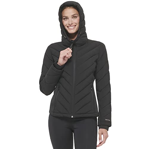 Calvin Klein Women's Scuba Side Panel and Sleeve Detail Adjustable Hood Zip PocketsPuffer, Black, X-Large