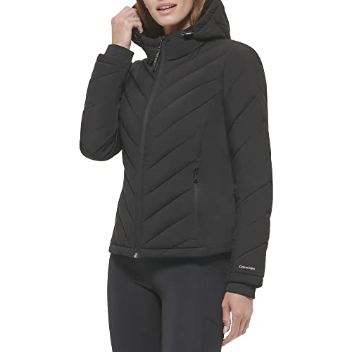 Calvin Klein Women's Scuba Side Panel and Sleeve Detail Adjustable Hood Zip PocketsPuffer, Black, X-Large