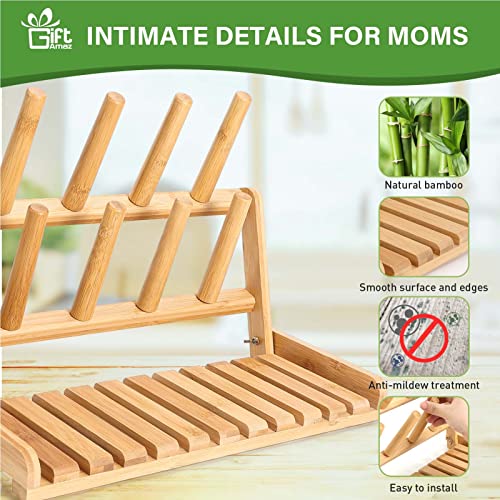 GiftAmaz Bamboo Baby Bottle Drying Rack, Space Saving Countertop Bottle Holder Portable Dryer Rack Organizer for Baby Bottles, Cups, Pacifiers and Accessories, Birthday Gift Box for Women Mother Mom