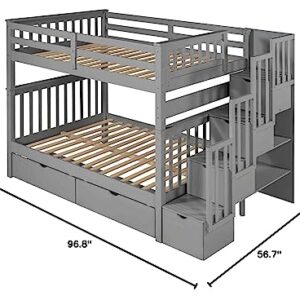 Cotoala Full Over Full Bunk Bed with Stairs and 6 Storage Drawers, Wooden Bunkbed w/ 3 Shelves, No Box Spring Needed, Perfect for Bedroom, Grey