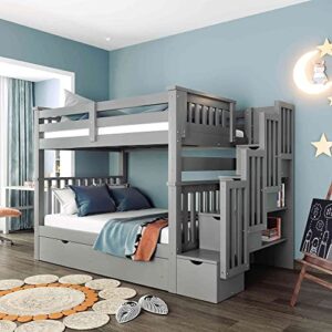 cotoala full over full bunk bed with stairs and 6 storage drawers, wooden bunkbed w/ 3 shelves, no box spring needed, perfect for bedroom, grey