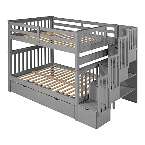 Cotoala Full Over Full Bunk Bed with Stairs and 6 Storage Drawers, Wooden Bunkbed w/ 3 Shelves, No Box Spring Needed, Perfect for Bedroom, Grey