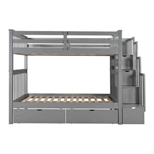 Cotoala Full Over Full Bunk Bed with Stairs and 6 Storage Drawers, Wooden Bunkbed w/ 3 Shelves, No Box Spring Needed, Perfect for Bedroom, Grey