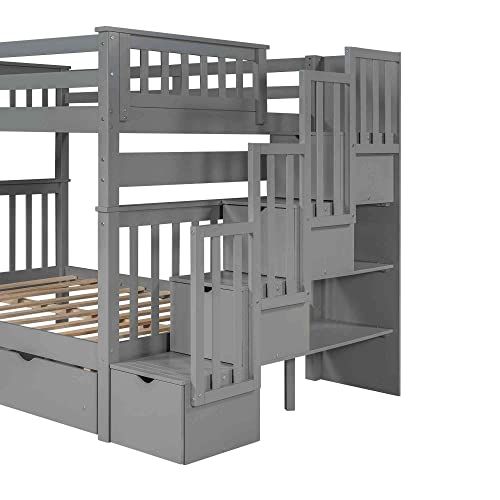 Cotoala Full Over Full Bunk Bed with Stairs and 6 Storage Drawers, Wooden Bunkbed w/ 3 Shelves, No Box Spring Needed, Perfect for Bedroom, Grey