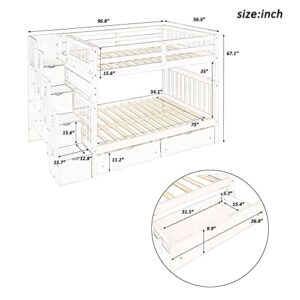 Cotoala Full Over Full Bunk Bed with Stairs and 6 Storage Drawers, Wooden Bunkbed w/ 3 Shelves, No Box Spring Needed, Perfect for Bedroom, Grey