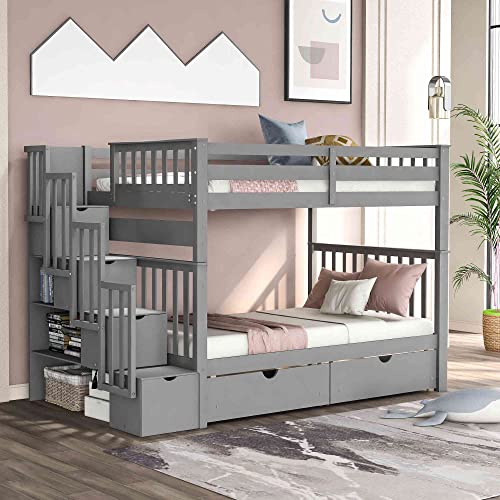 Cotoala Full Over Full Bunk Bed with Stairs and 6 Storage Drawers, Wooden Bunkbed w/ 3 Shelves, No Box Spring Needed, Perfect for Bedroom, Grey