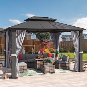 Aoxun 10'x 12' Hardtop Gazebo, Outdoor Dual-Layer Galvanized Steel Double Roof Aluminum Furniture Gazebo Canopy with Netting and Curtains for Deck Backyard Wedding Garden