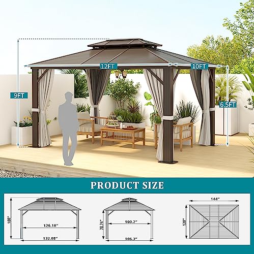 Aoxun 10'x 12' Hardtop Gazebo, Outdoor Dual-Layer Galvanized Steel Double Roof Aluminum Furniture Gazebo Canopy with Netting and Curtains for Deck Backyard Wedding Garden