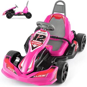 elemara electric go kart for kids, 12v 2wd battery powered ride on cars with parent remote control for boys girls,vehicle toy gift with adjustable seat,safety belt,mp3,horn,music,pink