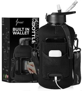 half gallon 2.2l sports water bottle with straw and built in wallet 74oz large gym drink container, storage sleeve, bottle brush, phone pocket - bpa free big jug, carry handle aesthetic look - black