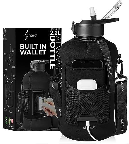 Half Gallon 2.2L Sports Water Bottle With Straw and Built In Wallet 74oz Large Gym Drink Container, Storage Sleeve, Bottle Brush, Phone Pocket - BPA Free Big Jug, Carry Handle Aesthetic Look - Black