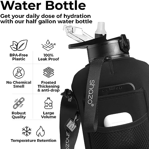 Half Gallon 2.2L Sports Water Bottle With Straw and Built In Wallet 74oz Large Gym Drink Container, Storage Sleeve, Bottle Brush, Phone Pocket - BPA Free Big Jug, Carry Handle Aesthetic Look - Black
