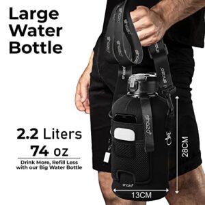 Half Gallon 2.2L Sports Water Bottle With Straw and Built In Wallet 74oz Large Gym Drink Container, Storage Sleeve, Bottle Brush, Phone Pocket - BPA Free Big Jug, Carry Handle Aesthetic Look - Black