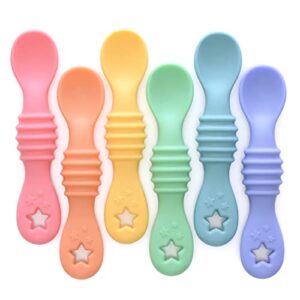 primastella 3-in-1 silicone first stage little dippers teething spoons for babies and toddlers – safety tested – bpa free – microwave, dishwasher and freezer safe - rainbow