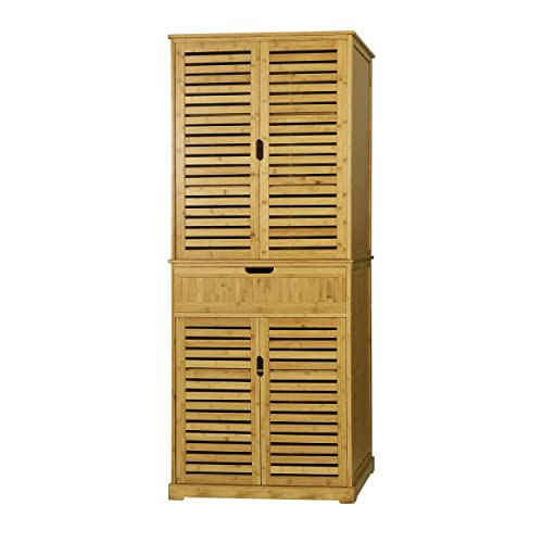 MUPATER Kitchen Pantry Storage Cabinet Microwave Hutch, 72'' Freestanding Bamboo Hutch Cabinet Buffet Cupboard Tall with Drawer and Doors for Home Kitchen Living Room