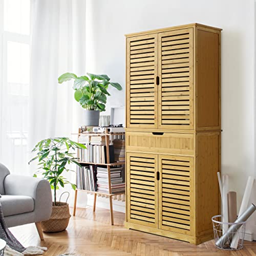 MUPATER Kitchen Pantry Storage Cabinet Microwave Hutch, 72'' Freestanding Bamboo Hutch Cabinet Buffet Cupboard Tall with Drawer and Doors for Home Kitchen Living Room