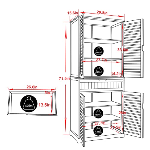 MUPATER Kitchen Pantry Storage Cabinet Microwave Hutch, 72'' Freestanding Bamboo Hutch Cabinet Buffet Cupboard Tall with Drawer and Doors for Home Kitchen Living Room