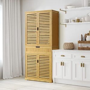 MUPATER Kitchen Pantry Storage Cabinet Microwave Hutch, 72'' Freestanding Bamboo Hutch Cabinet Buffet Cupboard Tall with Drawer and Doors for Home Kitchen Living Room