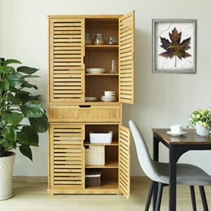 MUPATER Kitchen Pantry Storage Cabinet Microwave Hutch, 72'' Freestanding Bamboo Hutch Cabinet Buffet Cupboard Tall with Drawer and Doors for Home Kitchen Living Room