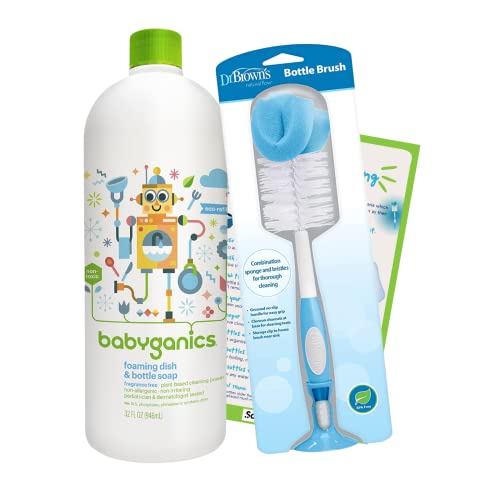 Soybec Baby Bottle Soap & Baby Bottle Brush Cleaner Bundle - (1) 32oz Babyganics Foaming Dish & Bottle Soap Refill Fragrance-Free, (1) Dr. Brown's Baby Bottle Brush Plus Baby Cleaning Tip Sheet