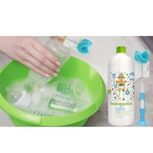 Soybec Baby Bottle Soap & Baby Bottle Brush Cleaner Bundle - (1) 32oz Babyganics Foaming Dish & Bottle Soap Refill Fragrance-Free, (1) Dr. Brown's Baby Bottle Brush Plus Baby Cleaning Tip Sheet