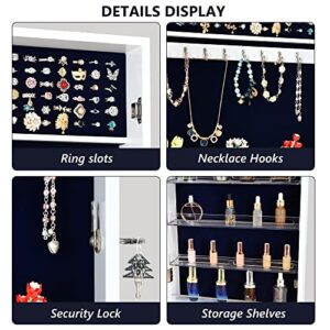 FREDEES Jewelry Holder Organizer for Earrings Ring Necklace Bracelets, 4-Tier Wooden Jewelry Cosmetic Storage and Display Case, Lockable Hanging Wall Jewelry Armoire Box Cabinet Tray, White
