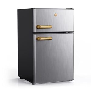 joy kitchen jr31ts1e10 2-door mini fridge with freezer adjustable thermostat, removable shelf, energy efficient, front leveling legs, 3.1 cu ft, stainless steel