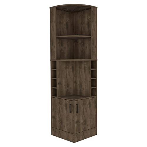Tuhome Syrah Corner Bar Cabinet with 8 Wine Cubbies, 2 Cabinets, 2 Open Shelves, and Glass Rack, Dark Brown