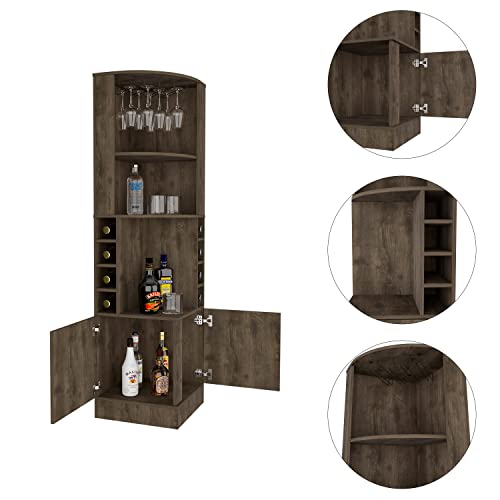 Tuhome Syrah Corner Bar Cabinet with 8 Wine Cubbies, 2 Cabinets, 2 Open Shelves, and Glass Rack, Dark Brown