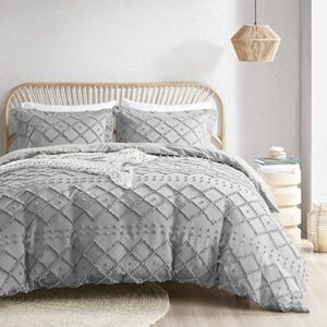 codi twyla tufted boho duvet cover king sizes, grey microfiber bedding set for all seasons, embroidery shabby chic comforter covers with zipper, 3-pieces including matching pillow shams (104"x 90")