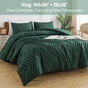 Litanika Comforter King Size Set Dark Emerald Green, 3 Pieces Chevron Tufted Vintage Solid Forest Green Bedding Comforter Sets, Fluffy Bed Set (104x90In Comforter & 2 Pillowcases)