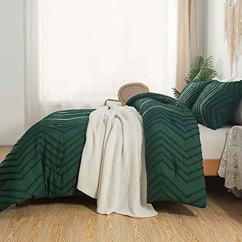 Litanika Comforter King Size Set Dark Emerald Green, 3 Pieces Chevron Tufted Vintage Solid Forest Green Bedding Comforter Sets, Fluffy Bed Set (104x90In Comforter & 2 Pillowcases)