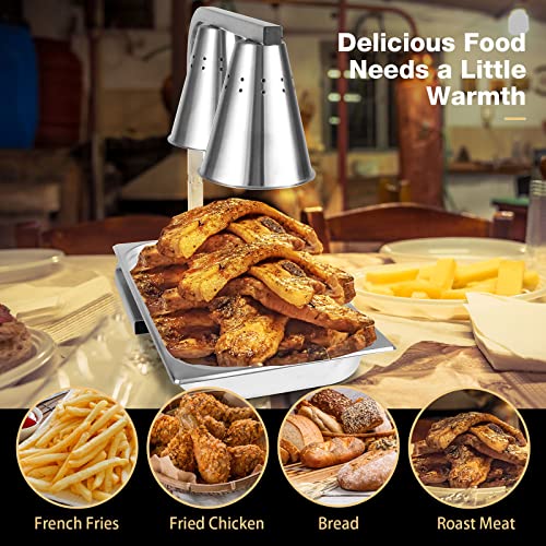 Restlrious Food Heat Lamp Freestanding Commercial Portable Food Warmer, Stainless Steel 120V Electric Food Heat Lamp with 2 Bulbs for Food Service - 250W Each, 2 Packs, Fan-Shaped Lampshade