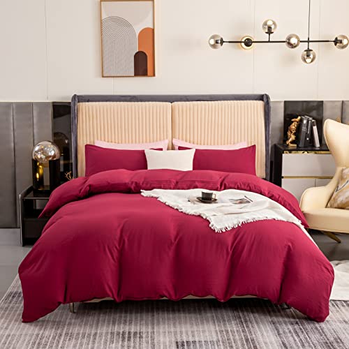 ERZRGA Red Duvet Cover Twin, 100% Washed Microfiber Red Bedding Set 3 Pieces Solid Duvet Cover, 1 Duvet Cover with 2 Pillowcases, with Zipper Closure, Ultra Soft Feel Natural Wrinkled (Red, Twin)