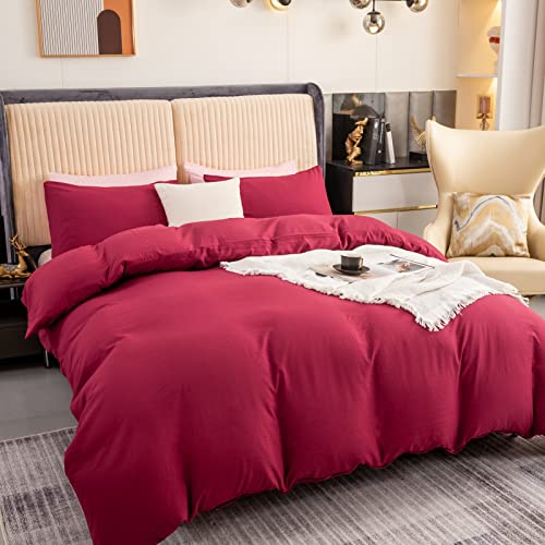 ERZRGA Red Duvet Cover Twin, 100% Washed Microfiber Red Bedding Set 3 Pieces Solid Duvet Cover, 1 Duvet Cover with 2 Pillowcases, with Zipper Closure, Ultra Soft Feel Natural Wrinkled (Red, Twin)