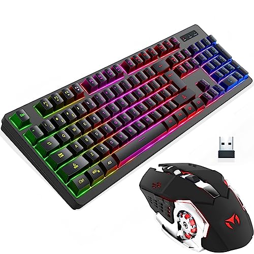 Wireless RGB Gaming Keyboard and Mouse - Rechargeable RGB Backlit Keyboard Mouse Long Battery Life,Mechanical Feel Gaming Keyboard with 7 Color Wireless Gaming Mouse for PC Game and Work