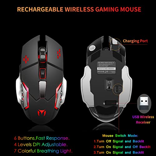 Wireless RGB Gaming Keyboard and Mouse - Rechargeable RGB Backlit Keyboard Mouse Long Battery Life,Mechanical Feel Gaming Keyboard with 7 Color Wireless Gaming Mouse for PC Game and Work