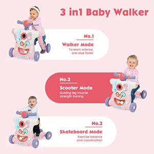 Baby Sit-to-Stand Learning Walker, 3 in 1 Baby Walker for Boys Girls Toddlers, Educational Baby Push Walkers with Entertainment Activity Center, Baby Music Learning Toy Gift for Infant Boys Girls